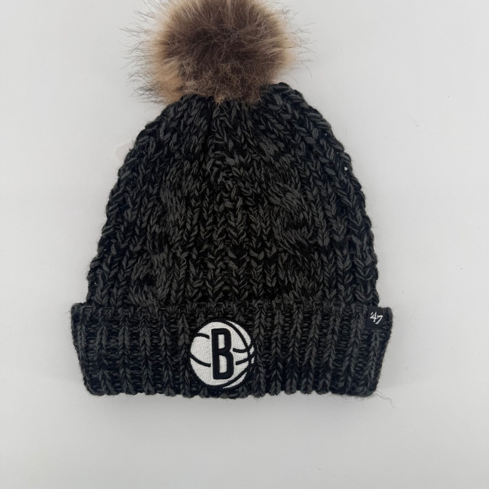 47 Brand Brooklyn Nets Womens Meeko Cuff Knit Beanie Pom Hat Black K-MEEKO15ACE